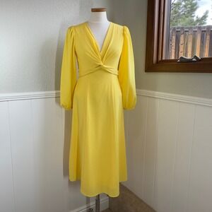 Maggy London Regan Dress Womens 4 Yellow Twist Front Long Sleeve Midi Feminine
